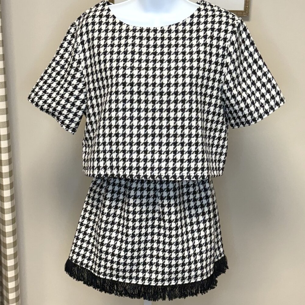 Houndstooth Black and White Tweed Top and Skirt Set